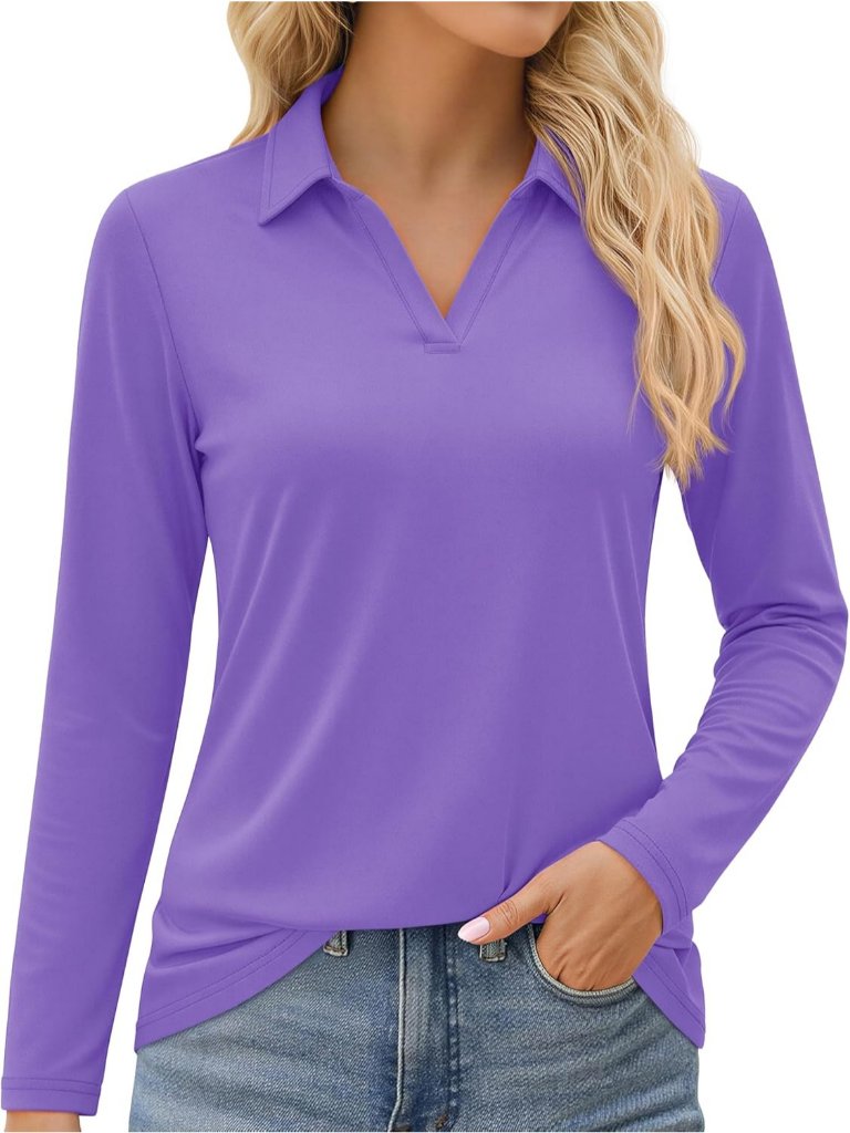 Women's Light Purple V Neck Upf 50+ Long Sleeve Polo Shirt Quick Dry Workout Top